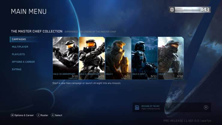 The main menu of Halo: The Master Chief Collection