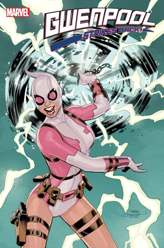 Cover to Gwenpool Strikes Back #4 where Gwen lifts the Mjolnir. Pic courtesy: bleedingcool.com Cover to Gwenpool Strikes Back #4 where Gwen lifts the Mjolnir. Pic courtesy: bleedingcool.com