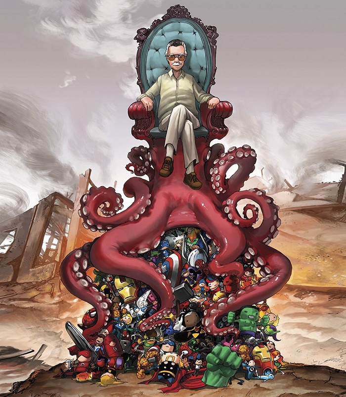 Stan Lee on throne above all Marvel characters