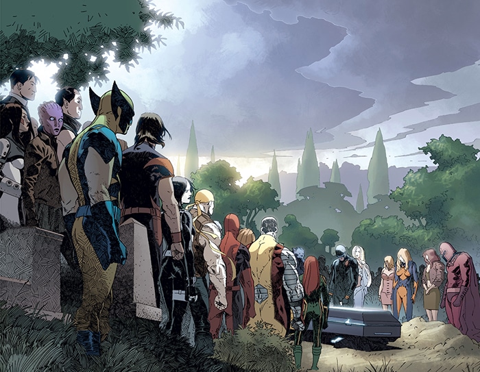 All Marvel characters with Stan Lee's coffin
