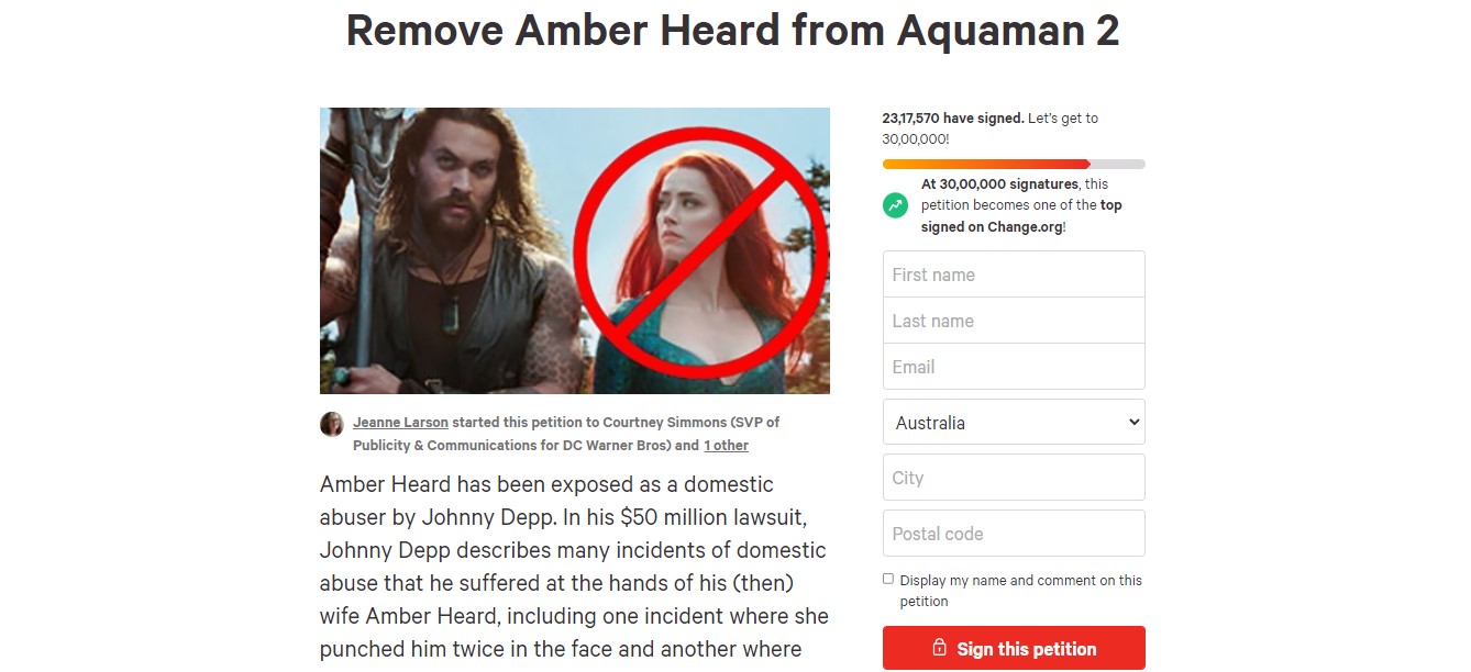 Amber Heard Petition to remove her from Aquaman 2