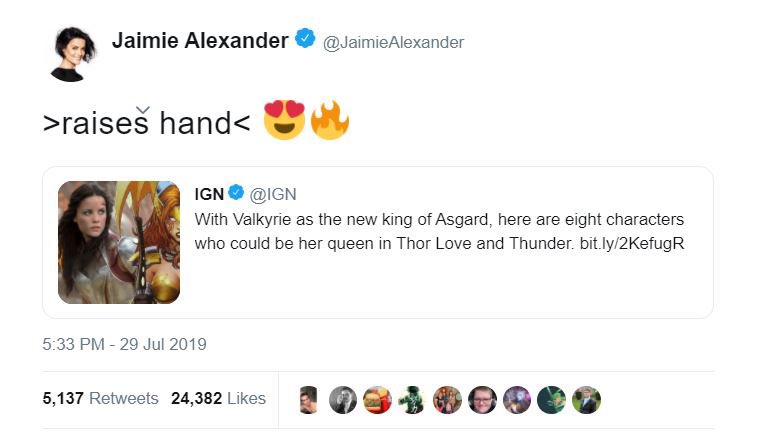 Jamie Alexander's tweet. Suggesting her character as Valkyrie's love interest.
