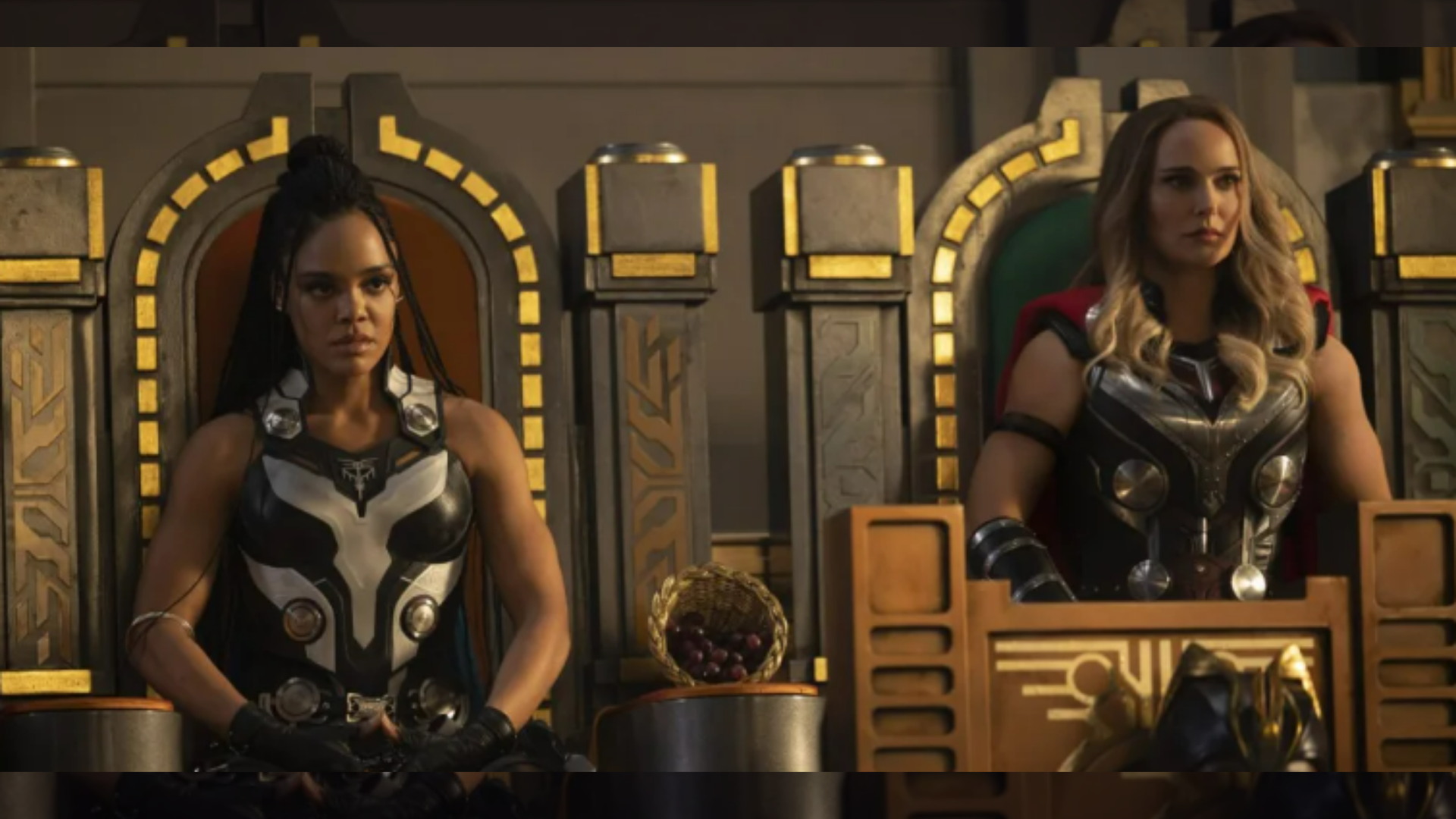 Natalie Portman as Mighty Thor and Tessa Thompson as King Valkyrie in Thor: Love and Thunder