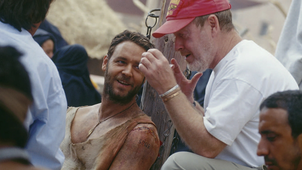 Russell Crowe with Ridley Scott on the set of Gladiator