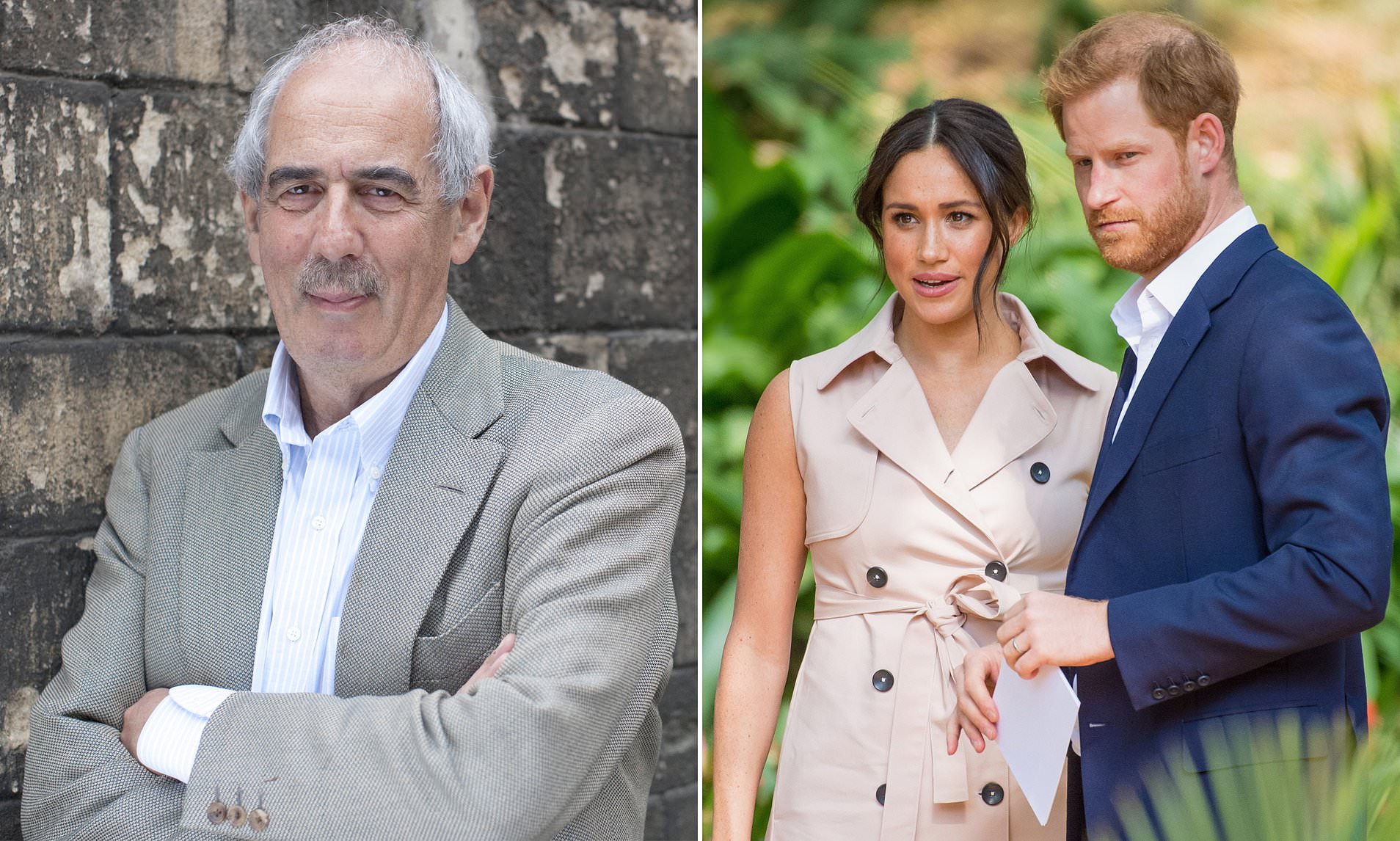 Tom Bower (left), Meghan Markle and Prince Harry (right)