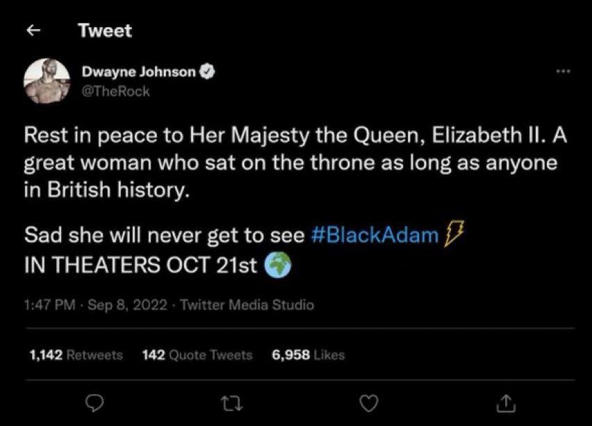 Fake tweet of Dwayne Johnson about the passing of the Queen. 
