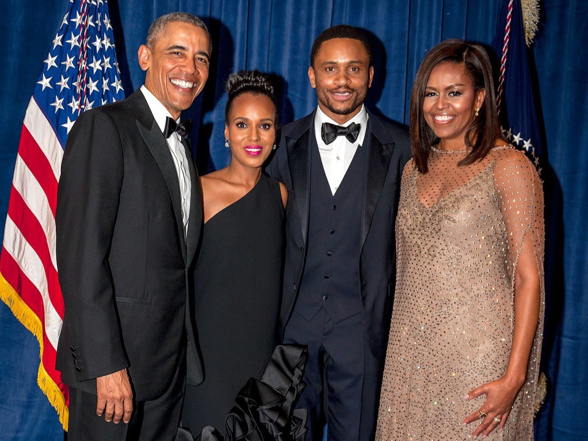 Barack Obama, Kerry Washington, her husband Nnamdi Asomugha Beam, and Michelle Obama 
