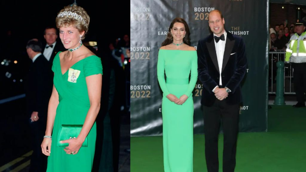 Late Princess Diana in the left and Kate Middleton with Prince William in the right