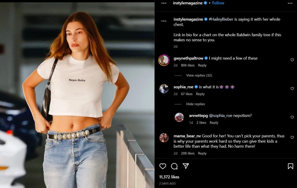 Hailey Bieber is flaunting Nepo Baby t-shirt