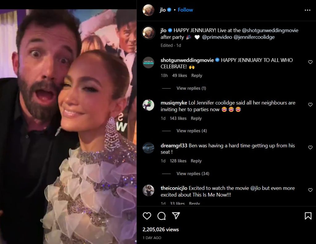 JLo went live on Instagram at after party of Shotgun Wedding premiere