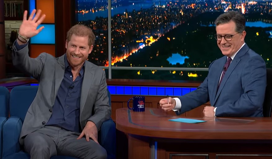 Prince Harry with Stephen Colbert during the show