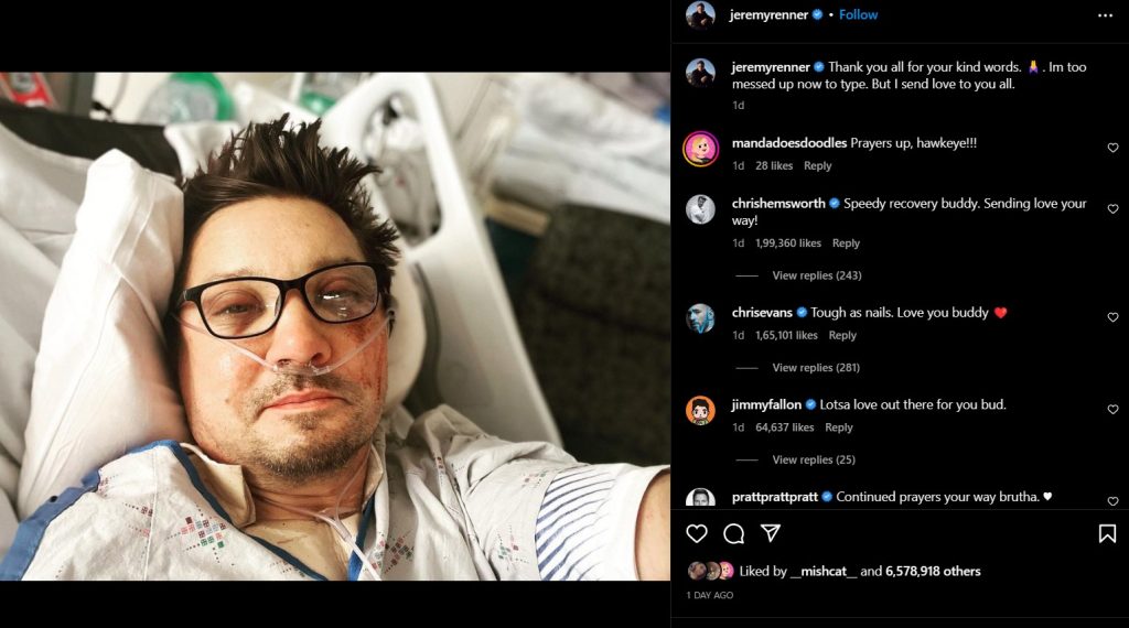 Renner's Instagram Post after his tragic accident