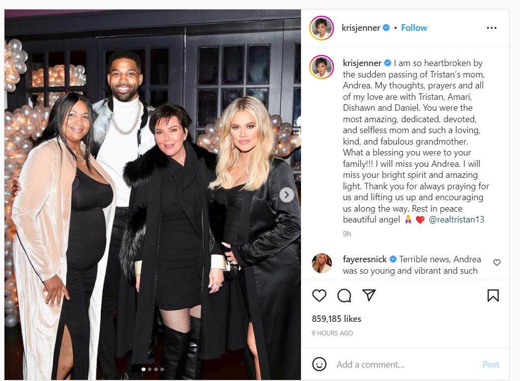 Kris Jenner laments the death of Tristan Thompson's mother 