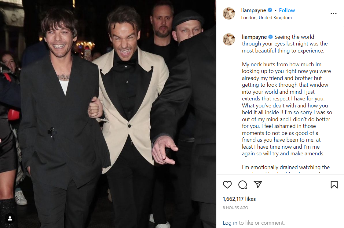 Liam Payne's Instagram post